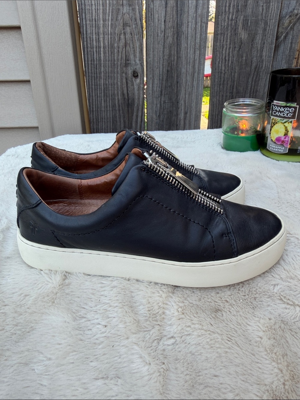 Frye Black Leather Slip-On Shoe - Tan Interior Size 6.5